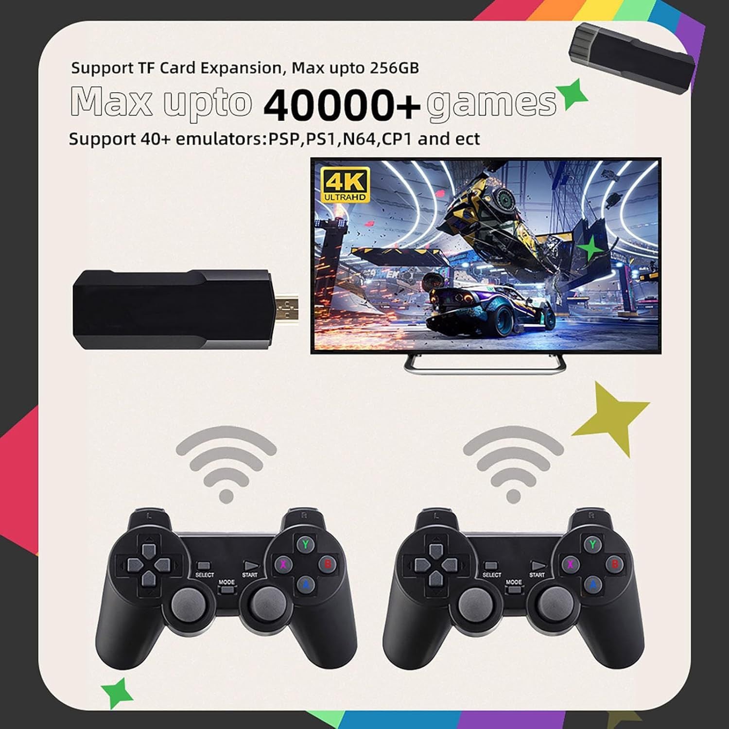 2024 New Retro Gaming Console, 9 Emulators, 20,000+ Games, 4K HDMI, 2.4GHz Wireless Controller, TV Plug and Play (64GB), Gamepad Port USB