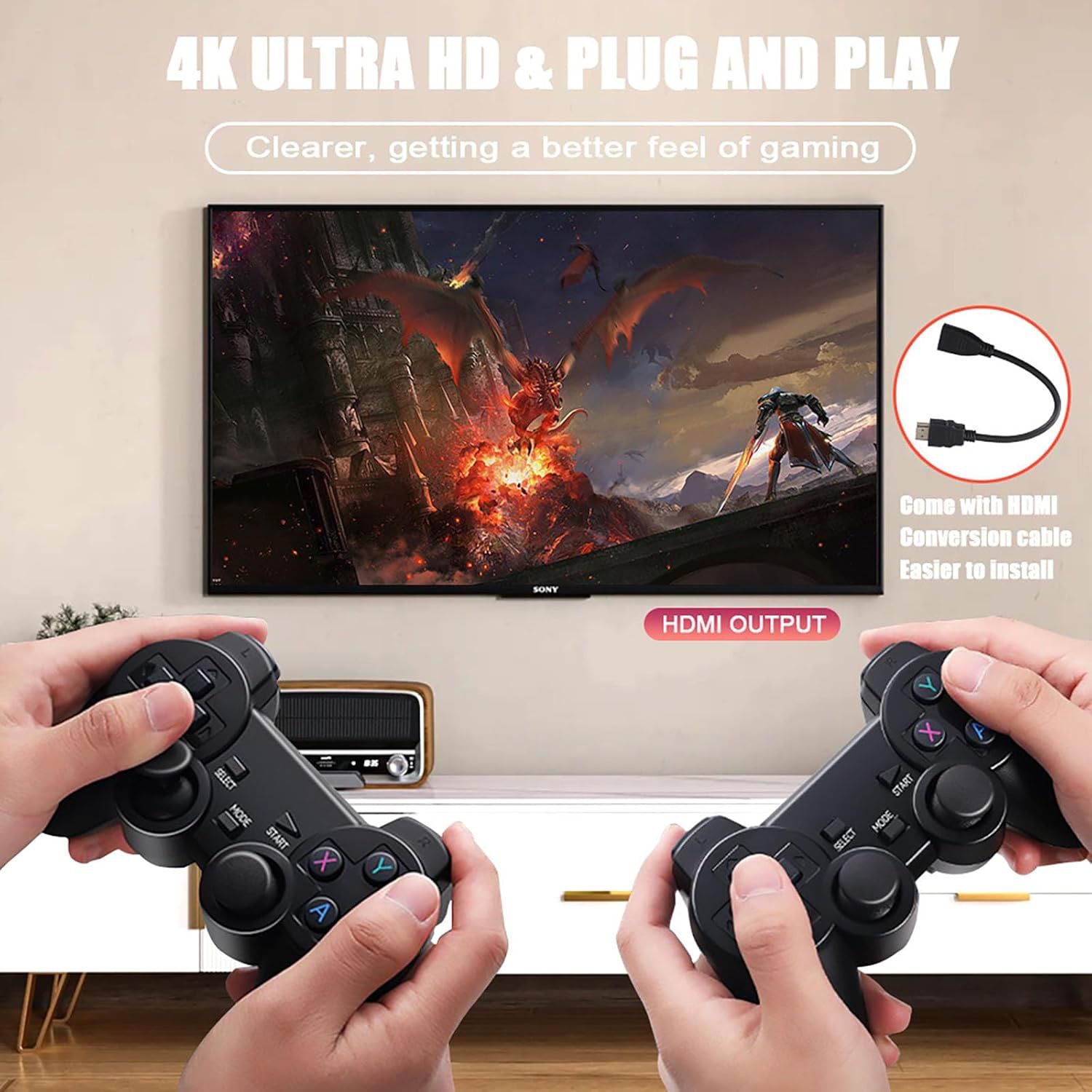 2024 New Retro Gaming Console, 9 Emulators, 20,000+ Games, 4K HDMI, 2.4GHz Wireless Controller, TV Plug and Play (64GB), Gamepad Port USB
